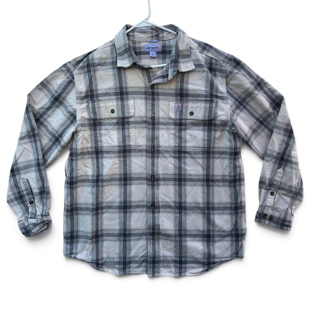 Carhartt Original Fit Flannel Shirt Mens Large Gray Cream Plaid Cotton Workwear